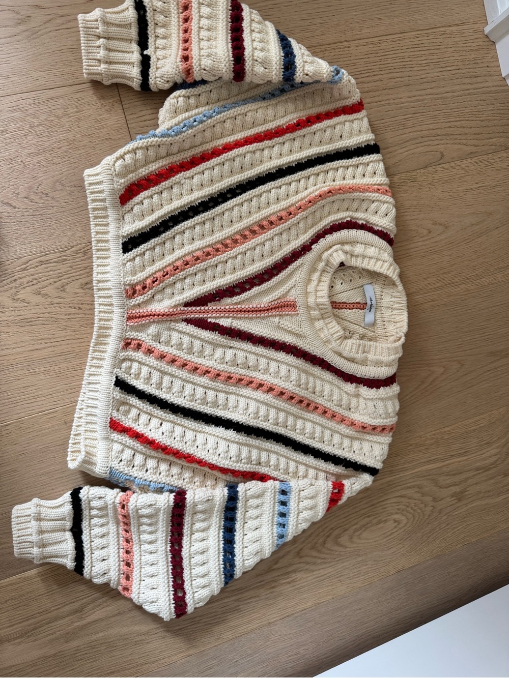 Women's Cream Striped Open-Knit Crewneck Sweater